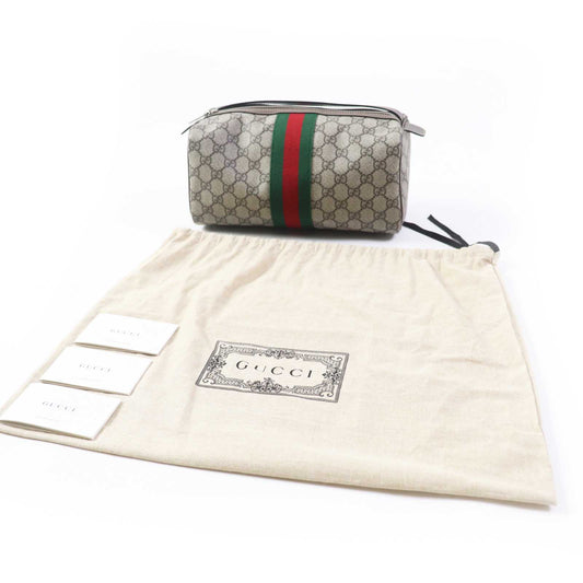 GUCCI Pouch 759689 Leather x GG Supreme canvas Beige/Ebony Cosmetic case with Web stripes Women Used Authentic