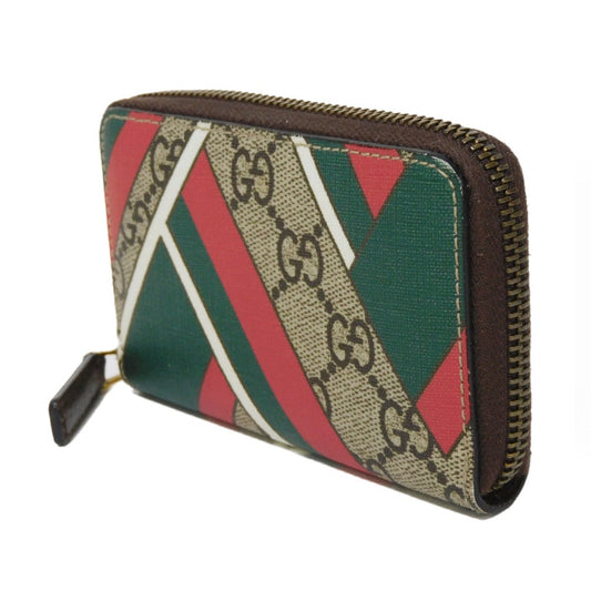 GUCCI Coin case 429232 GG Supreme canvas (polyurethane processing) x Calfskin leather beige Chevron Web Stripe Green GG Supreme compact zip around wallet unisex(Unisex) Used Authentic