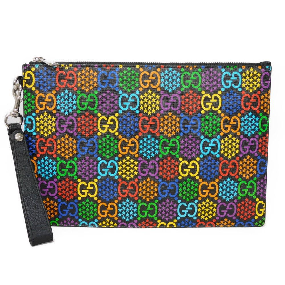 GUCCI Clutch bag 601087 H20BN 1058 GG psychedelic canvas x calf leather (embossed) multicolor Star Double G Black Handle Strap Business Bag GG Psychedelic Pouch mens Used Authentic
