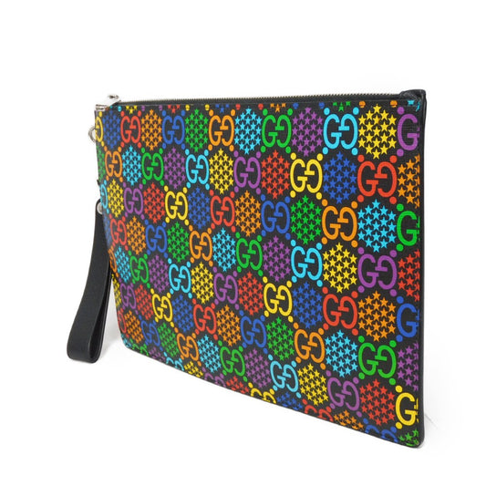 GUCCI Clutch bag 601087 H20BN 1058 GG psychedelic canvas x calf leather (embossed) multicolor Star Double G Black Handle Strap Business Bag GG Psychedelic Pouch mens Used Authentic