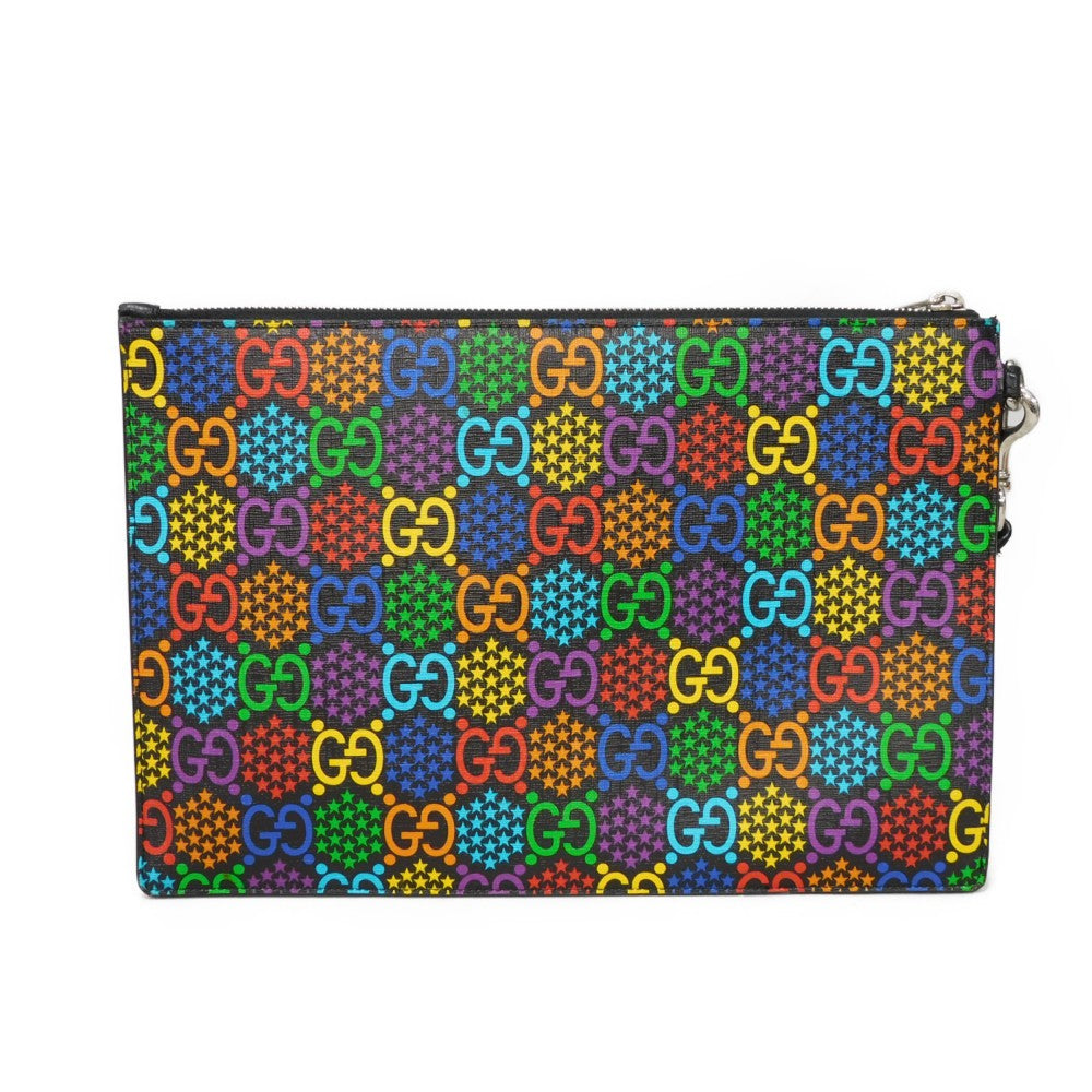 GUCCI Clutch bag 601087 H20BN 1058 GG psychedelic canvas x calf leather (embossed) multicolor Star Double G Black Handle Strap Business Bag GG Psychedelic Pouch mens Used Authentic