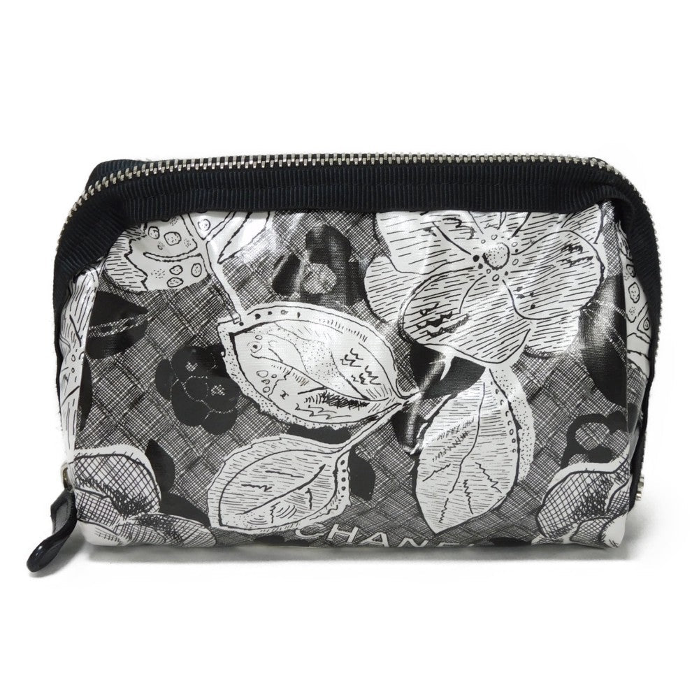 CHANEL Pouch A70811 Nylon black CC mark logo flower floral pattern mini silver 26 series COCO Mark Camellia cosmetic pouch unisex(Unisex) Used Authentic