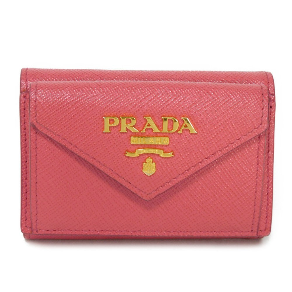 PRADA Tri-fold wallet 1MH021 QWA F0505 Safiano leather (stamped) Peonia Pink RFID logo metal Saffiano Mini Wallet Women Used Authentic