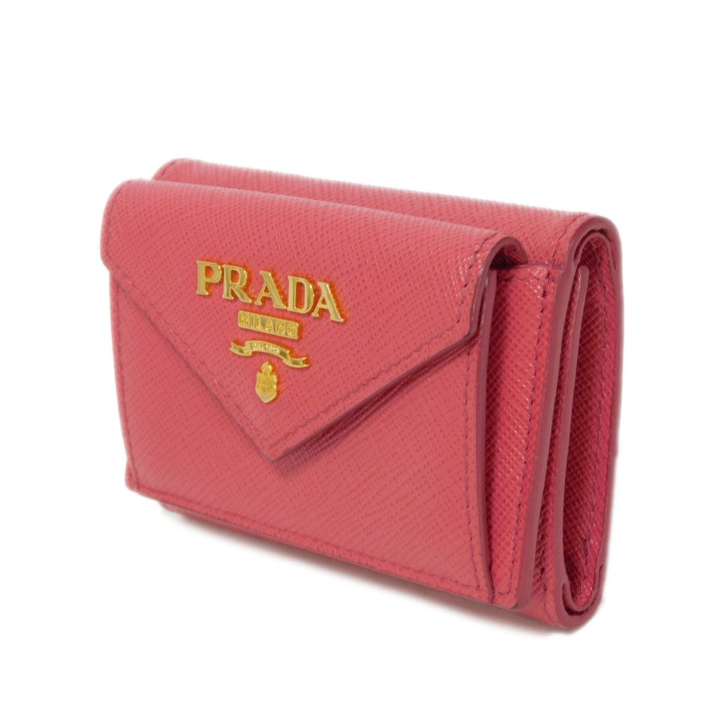 PRADA Tri-fold wallet 1MH021 QWA F0505 Safiano leather (stamped) Peonia Pink RFID logo metal Saffiano Mini Wallet Women Used Authentic