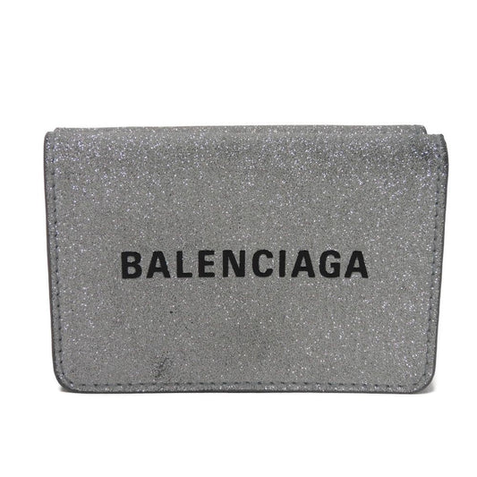 BALENCIAGA Tri-fold wallet 551921 0XV3N 8106 Polyurethane x polyester Silver Glitter Sparkling Black New logo Everyday Mini Wallet unisex(Unisex) Used Authentic