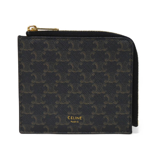 CELINE Coin case 10D882CCP.04LU Triomphe canvas (coating processing) black Foil stamping old style khaki L-shaped zipper wallet New logo Triomphe coin purse unisex(Unisex) Used Authentic
