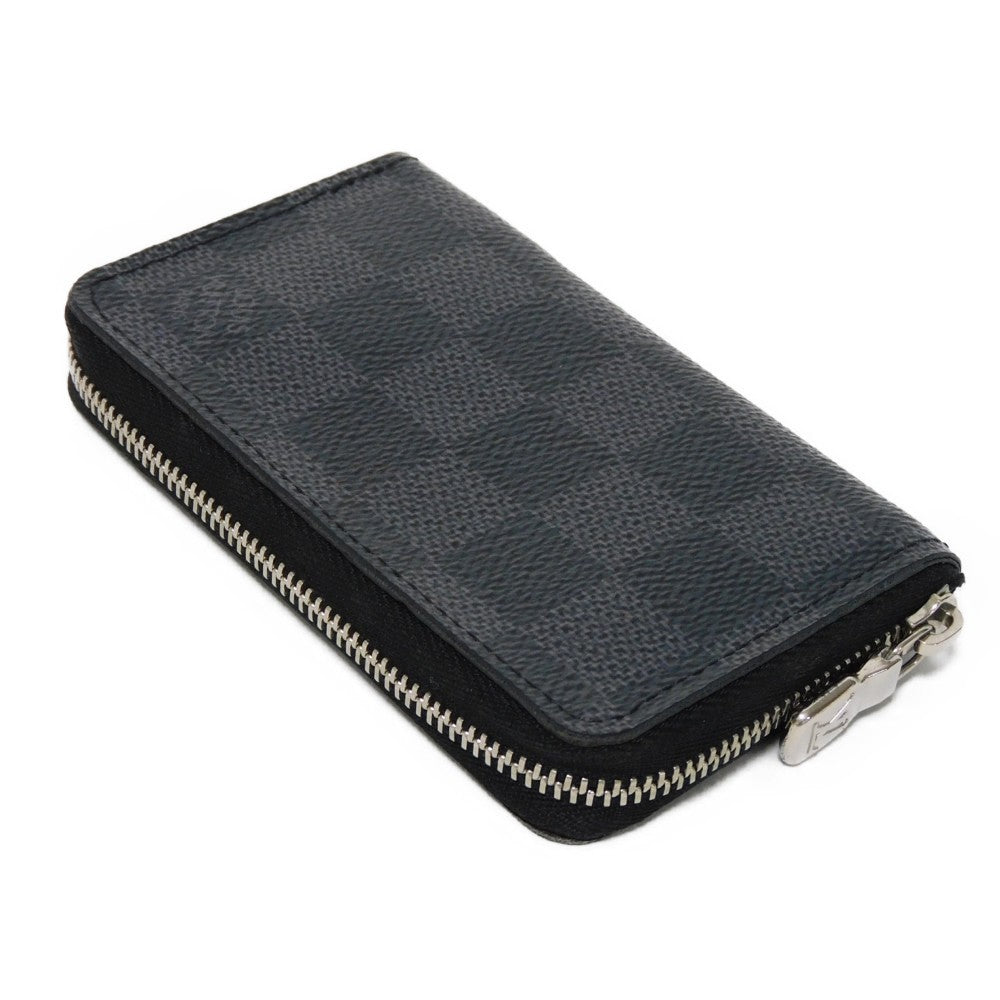 LOUIS VUITTON Coin case N63076 Damier Graffit canvas x grain leather Noir Black New Zip Around RFID Damier Graphite Zip around purse mens Used Authentic