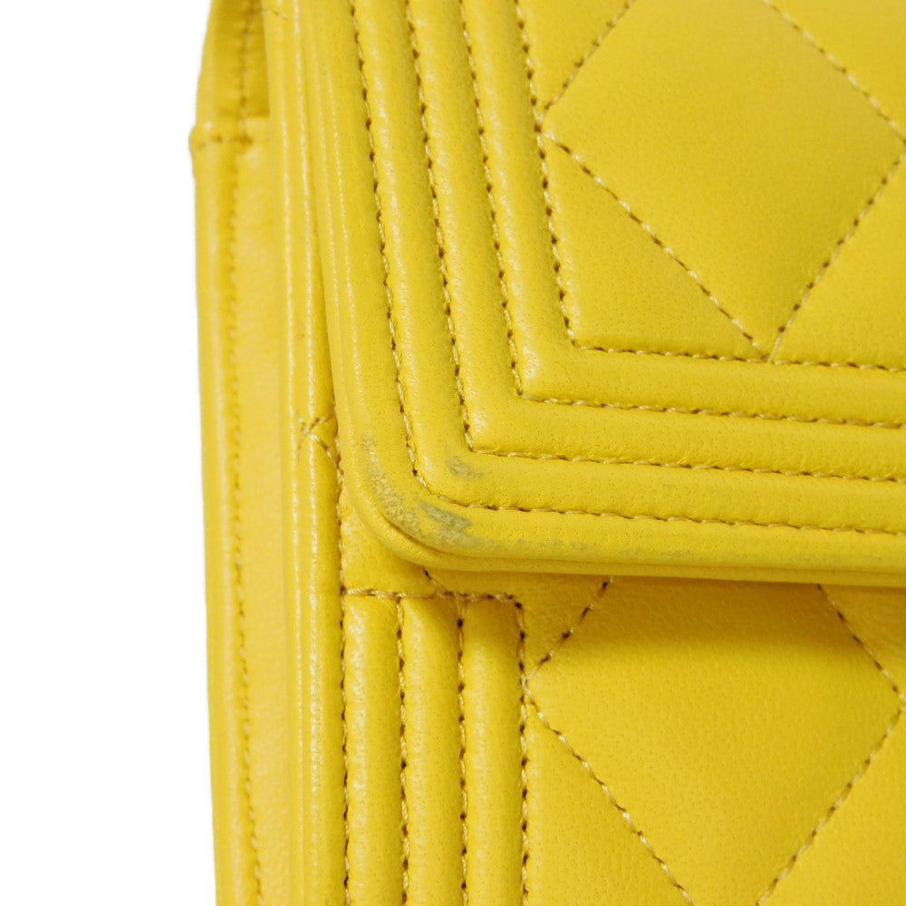 CHANEL Long Wallet Purse A80286 lambskin yellow COCO Mark Quilted Lambskin 27 Series Matrasse Boy Chanel Long Flap Wallet unisex(Unisex) Used Authentic