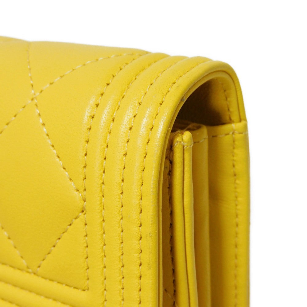 CHANEL Long Wallet Purse A80286 lambskin yellow COCO Mark Quilted Lambskin 27 Series Matrasse Boy Chanel Long Flap Wallet unisex(Unisex) Used Authentic