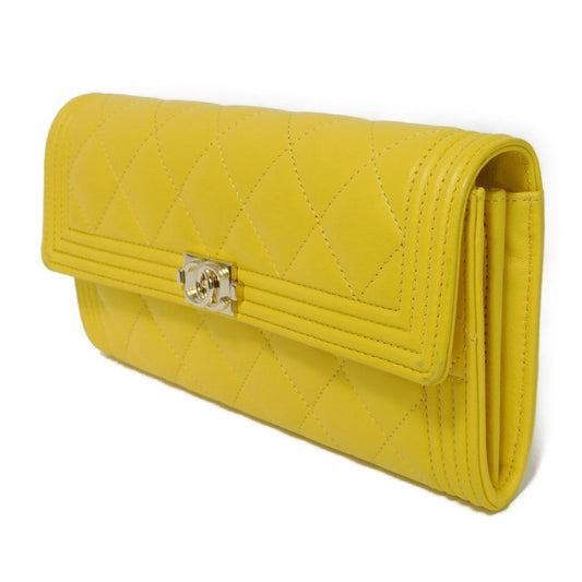 CHANEL Long Wallet Purse A80286 lambskin yellow COCO Mark Quilted Lambskin 27 Series Matrasse Boy Chanel Long Flap Wallet unisex(Unisex) Used Authentic
