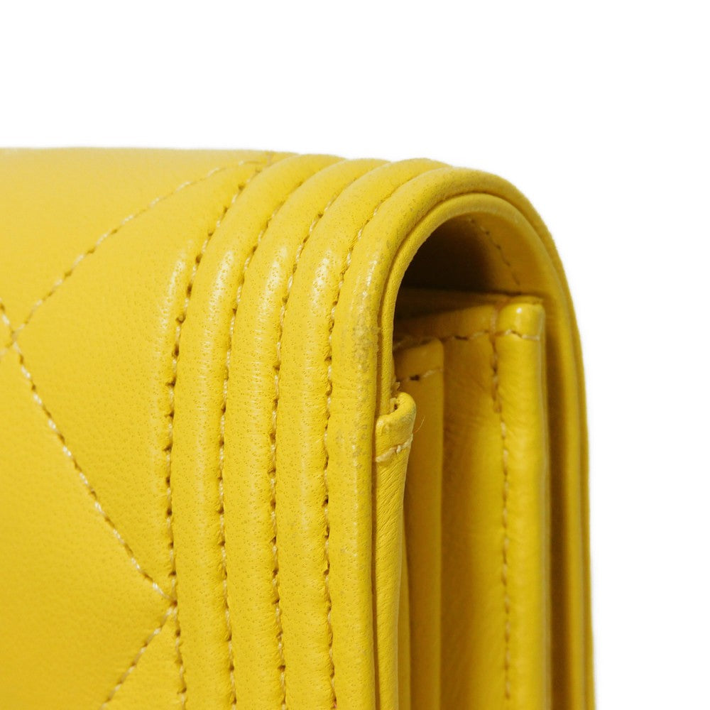 CHANEL Long Wallet Purse A80286 lambskin yellow COCO Mark Quilted Lambskin 27 Series Matrasse Boy Chanel Long Flap Wallet unisex(Unisex) Used Authentic
