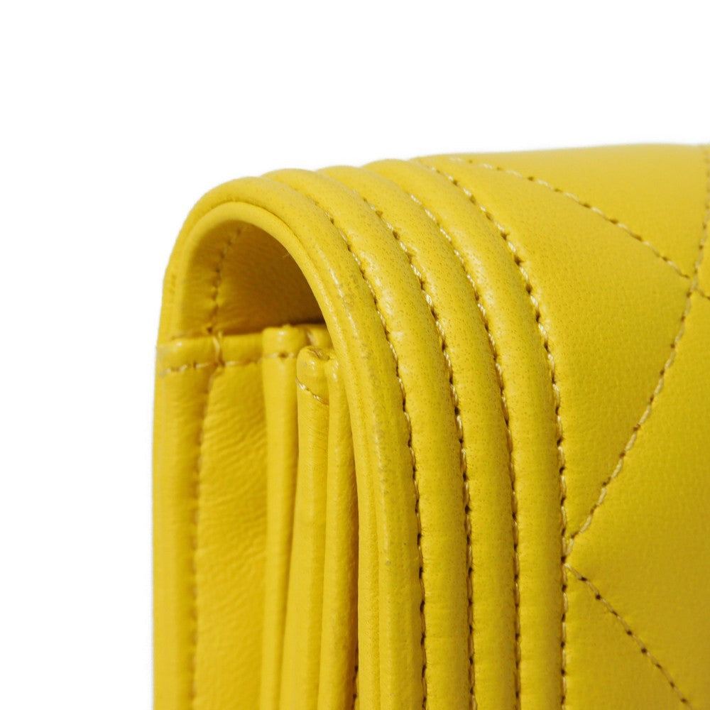 CHANEL Long Wallet Purse A80286 lambskin yellow COCO Mark Quilted Lambskin 27 Series Matrasse Boy Chanel Long Flap Wallet unisex(Unisex) Used Authentic