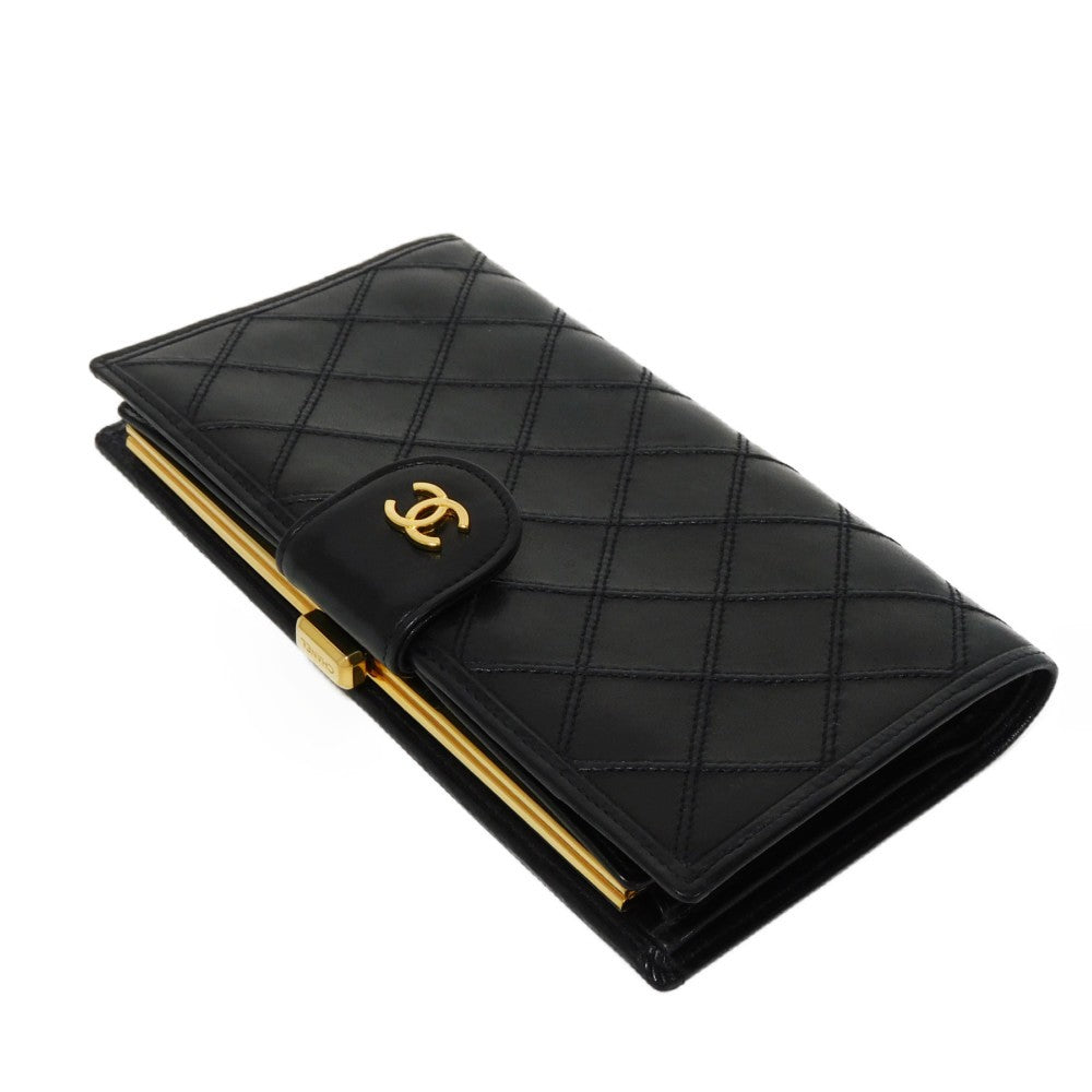 CHANEL Long Wallet Purse A47152 Calfskin black Double stitch Bicolor Long Flap Wallet