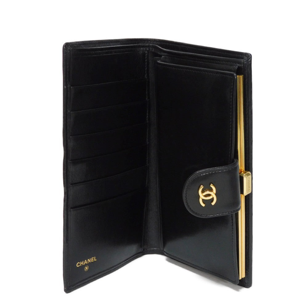 CHANEL Long Wallet Purse A47152 Calfskin black Double stitch Bicolor Long Flap Wallet