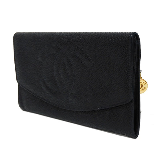 CHANEL Long Wallet Purse A01434 Caviar skin black COCO Mark CC Mark 4th Series Vintage Big Coco Long flap wallet unisex(Unisex) Used Authentic