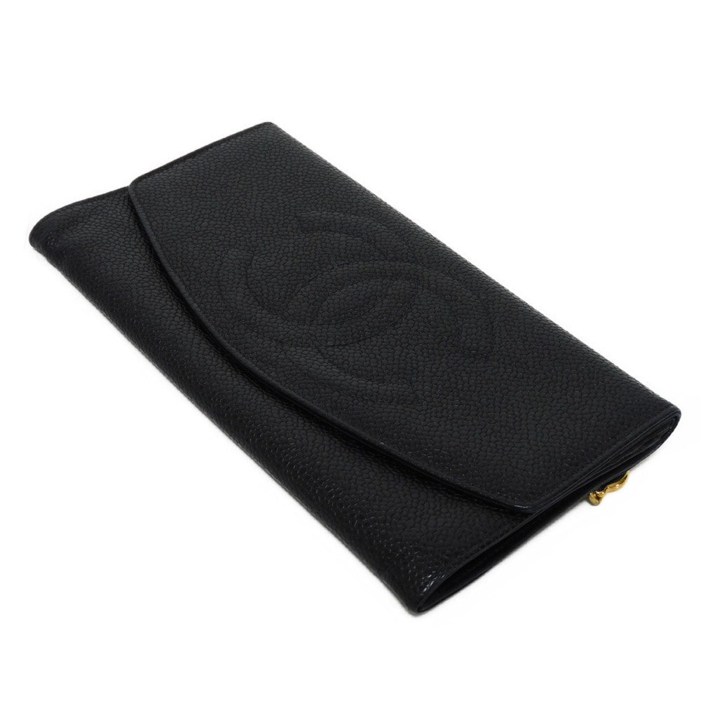 CHANEL Long Wallet Purse A01434 Caviar skin black COCO Mark CC Mark 4th Series Vintage Big Coco Long flap wallet unisex(Unisex) Used Authentic