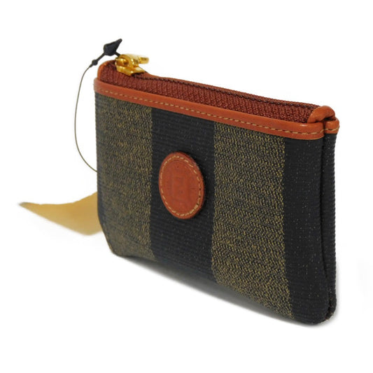 FENDI Coin case fabric Kaiqi Striped Brown Keyring Vintage FF logo Old Pecan Coin Purse unisex(Unisex) Used Authentic