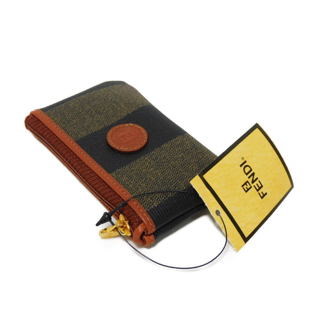 FENDI Coin case fabric Kaiqi Striped Brown Keyring Vintage FF logo Old Pecan Coin Purse unisex(Unisex) Used Authentic