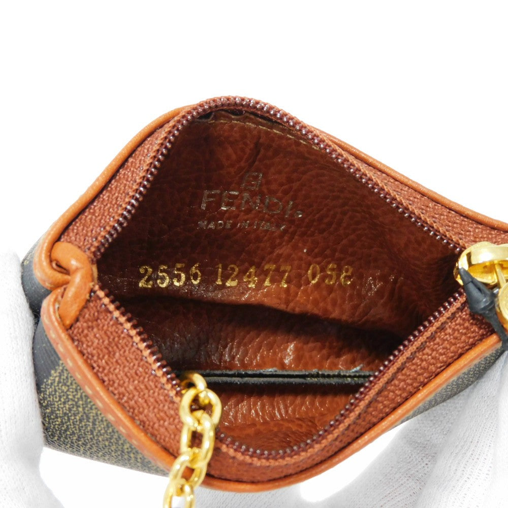 FENDI Coin case fabric Kaiqi Striped Brown Keyring Vintage FF logo Old Pecan Coin Purse unisex(Unisex) Used Authentic