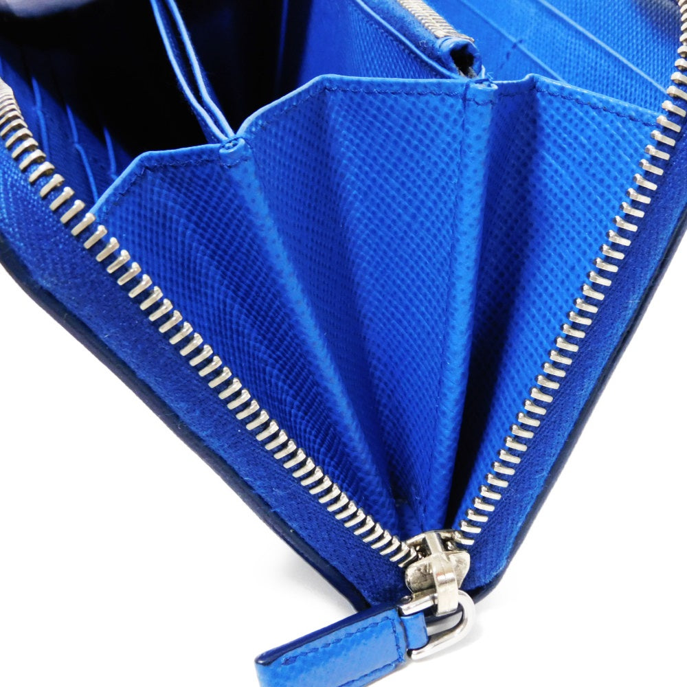 PRADA Long Wallet Purse 2ML317 Safiano leather (stamped) blue Gray Zip Around logo metal Saffiano striped round zip wallet unisex(Unisex) Used Authentic