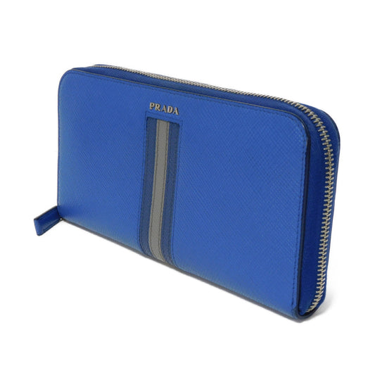 PRADA Long Wallet Purse 2ML317 Safiano leather (stamped) blue Gray Zip Around logo metal Saffiano striped round zip wallet unisex(Unisex) Used Authentic