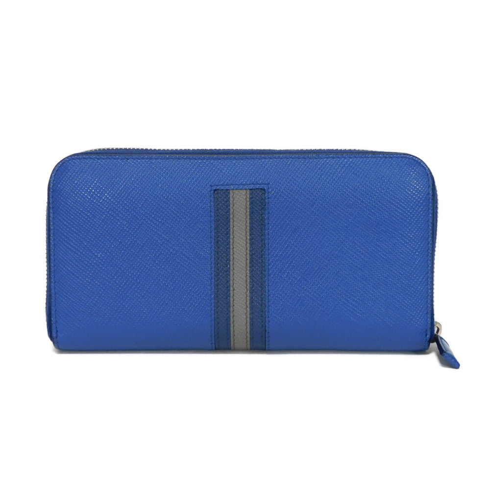 PRADA Long Wallet Purse 2ML317 Safiano leather (stamped) blue Gray Zip Around logo metal Saffiano striped round zip wallet unisex(Unisex) Used Authentic