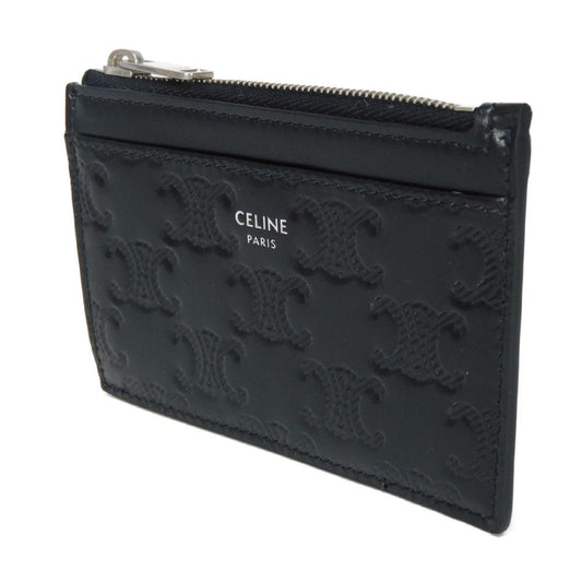 CELINE Coin case 10F993FQD.38SI Calfskin black Current Card Case unused New logo Triomphe embossed zip card holder mens Used Authentic