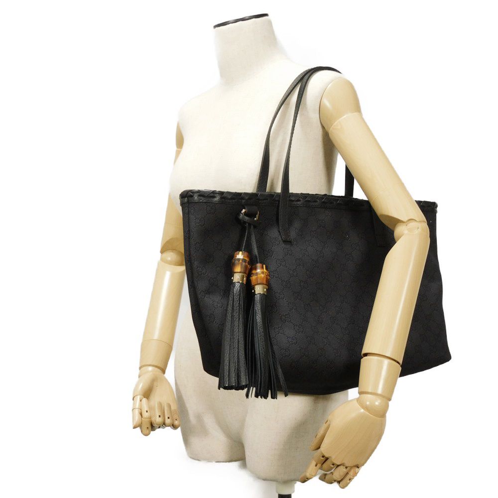 GUCCI Tote Bag 354665 GG denim canvas x calf leather black Tassel charm GG denim tote