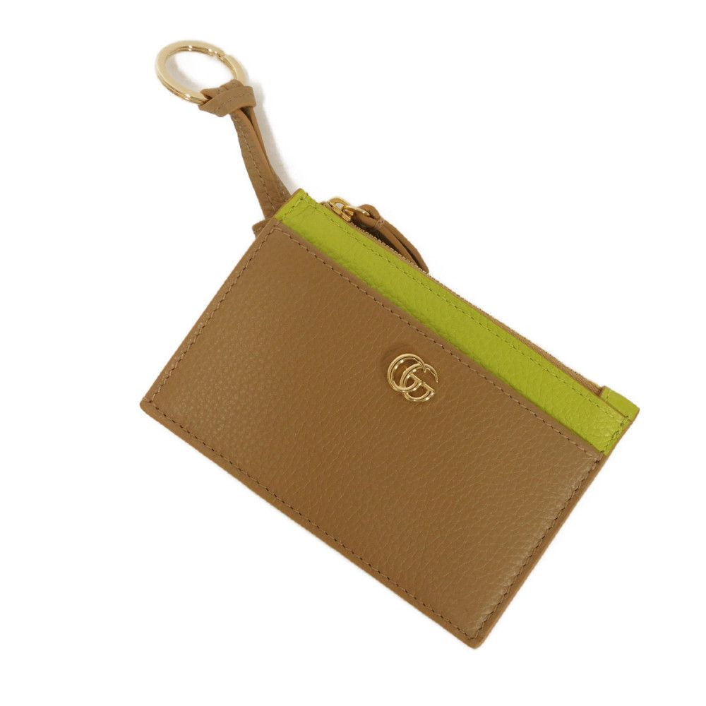 GUCCI Coin case 837966 AAE5F 2843 Calf leather (embossed) beige Current Bicolor Green Keyring Unused GG Marmont Double G Zip Key Pouch unisex(Unisex) Used Authentic