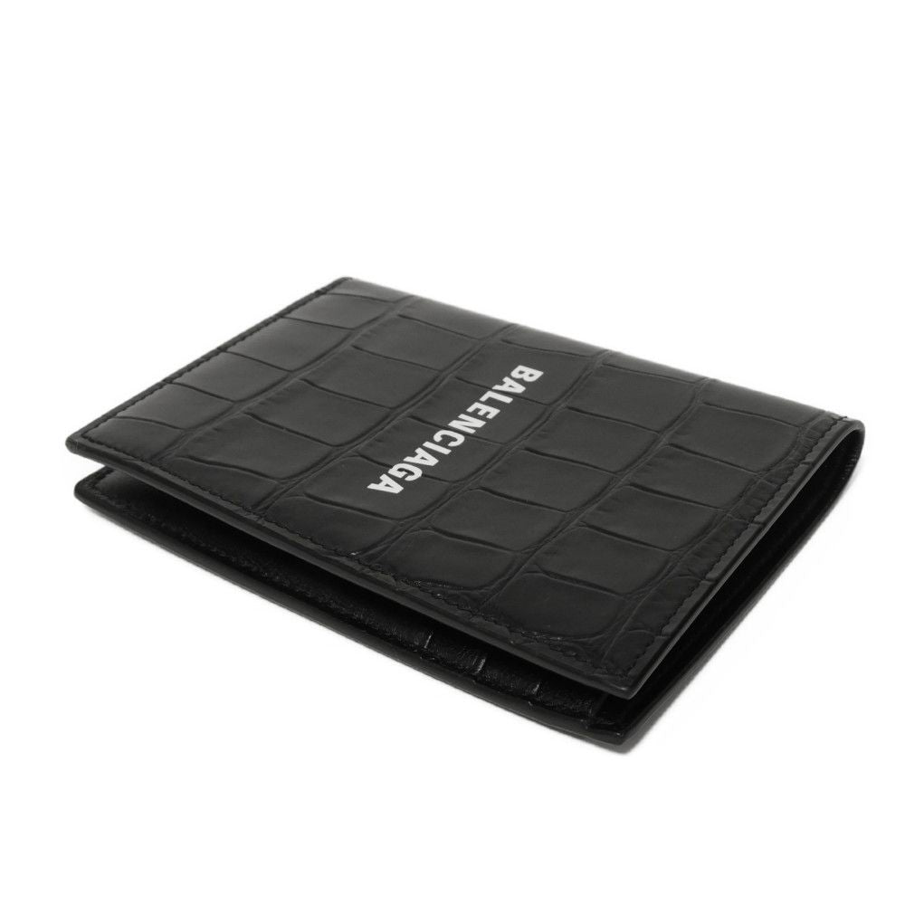 BALENCIAGA Bifold Wallet 655683 1ROP3 1000 Calfskin (crocodile embossed) black Croc Calfskin Card Case Billfold New logo Cash Bar Tikal Wallet mens Used Authentic