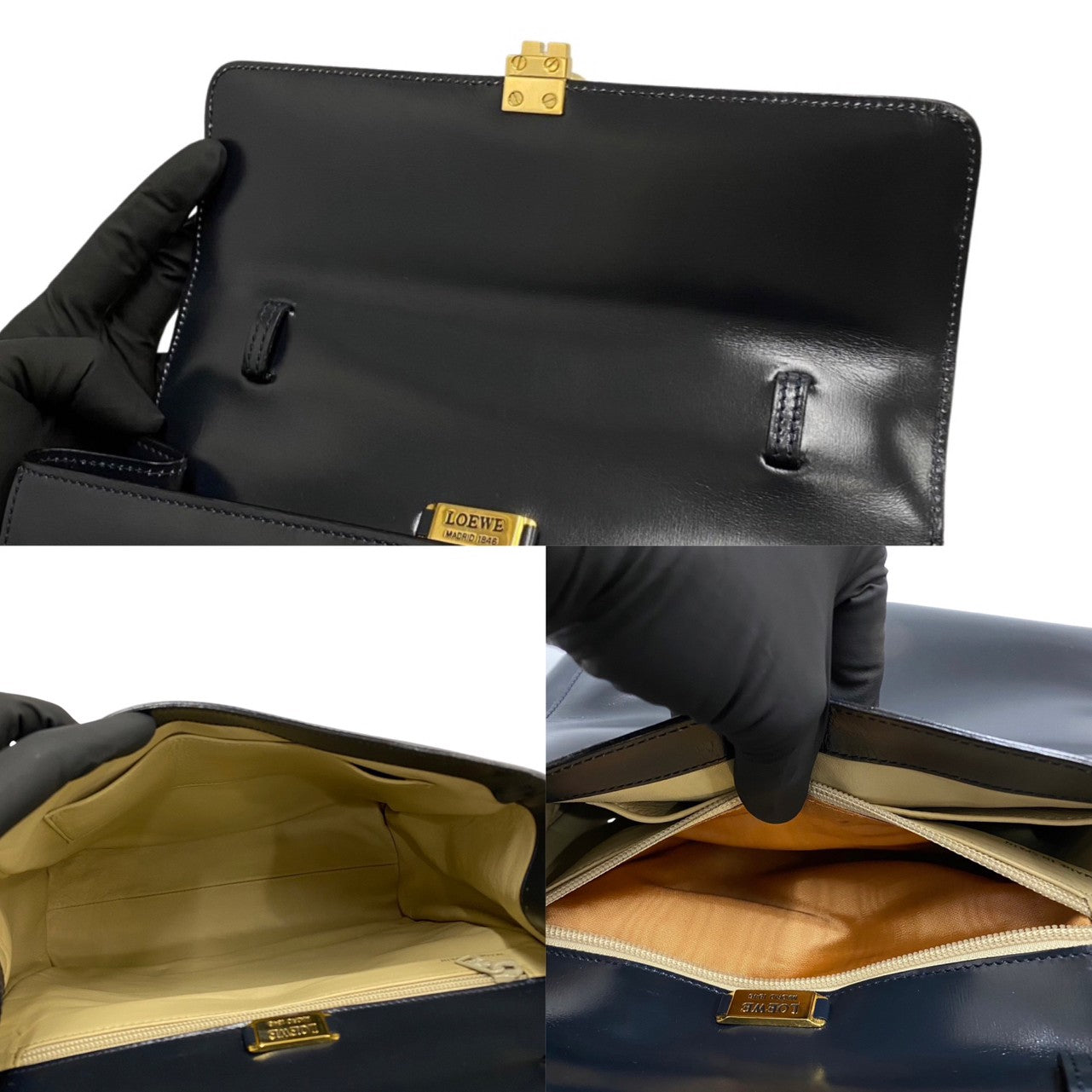 LOEWE Shoulder Bag Calfskin, Leather Navy Anagram logo Metal Women Used Authentic