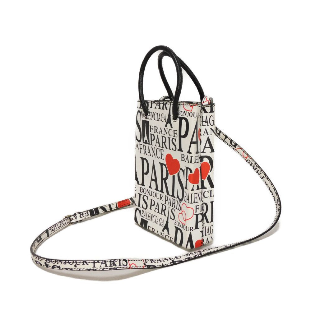 BALENCIAGA Handbag 593826 1BW5N 9065 Calf leather white logo bonjour paris shopping phone holder