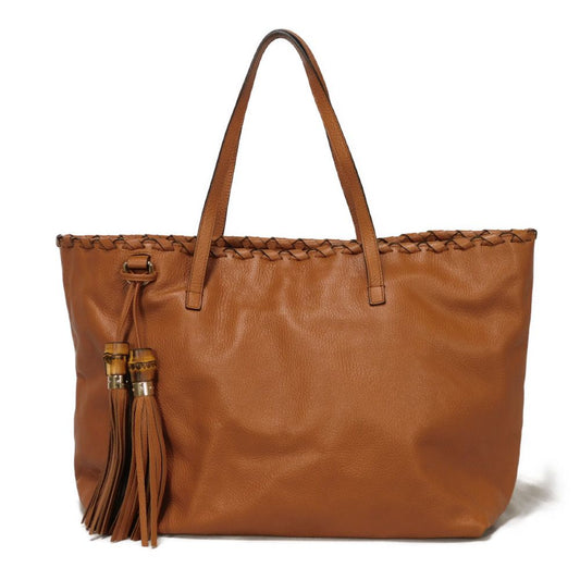 GUCCI Tote Bag 354666 Calf leather (embossed) Brown charm Bamboo Tassel Large Tote