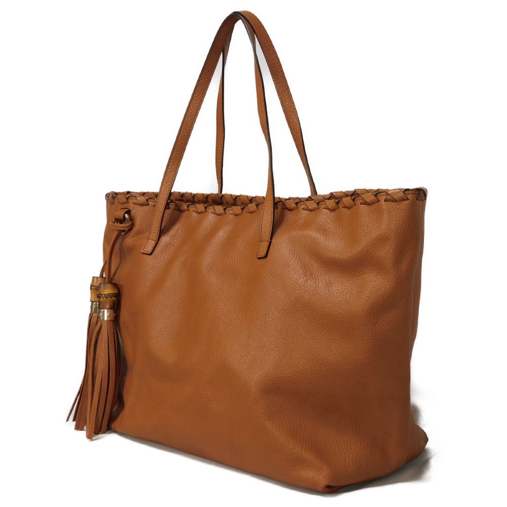 GUCCI Tote Bag 354666 Calf leather (embossed) Brown charm Bamboo Tassel Large Tote