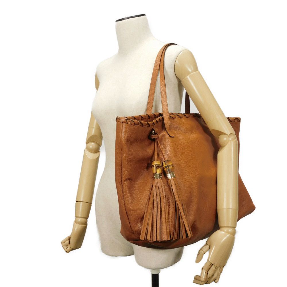 GUCCI Tote Bag 354666 Calf leather (embossed) Brown charm Bamboo Tassel Large Tote