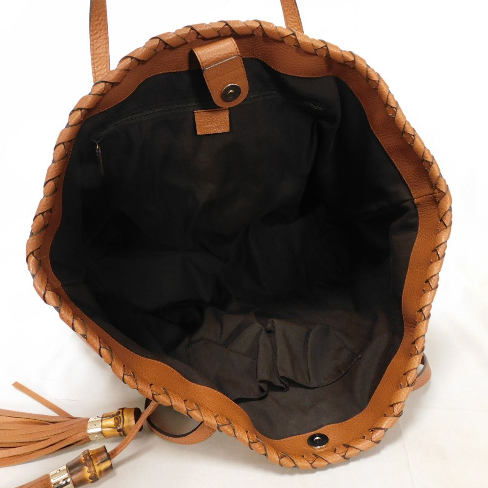 GUCCI Tote Bag 354666 Calf leather (embossed) Brown charm Bamboo Tassel Large Tote