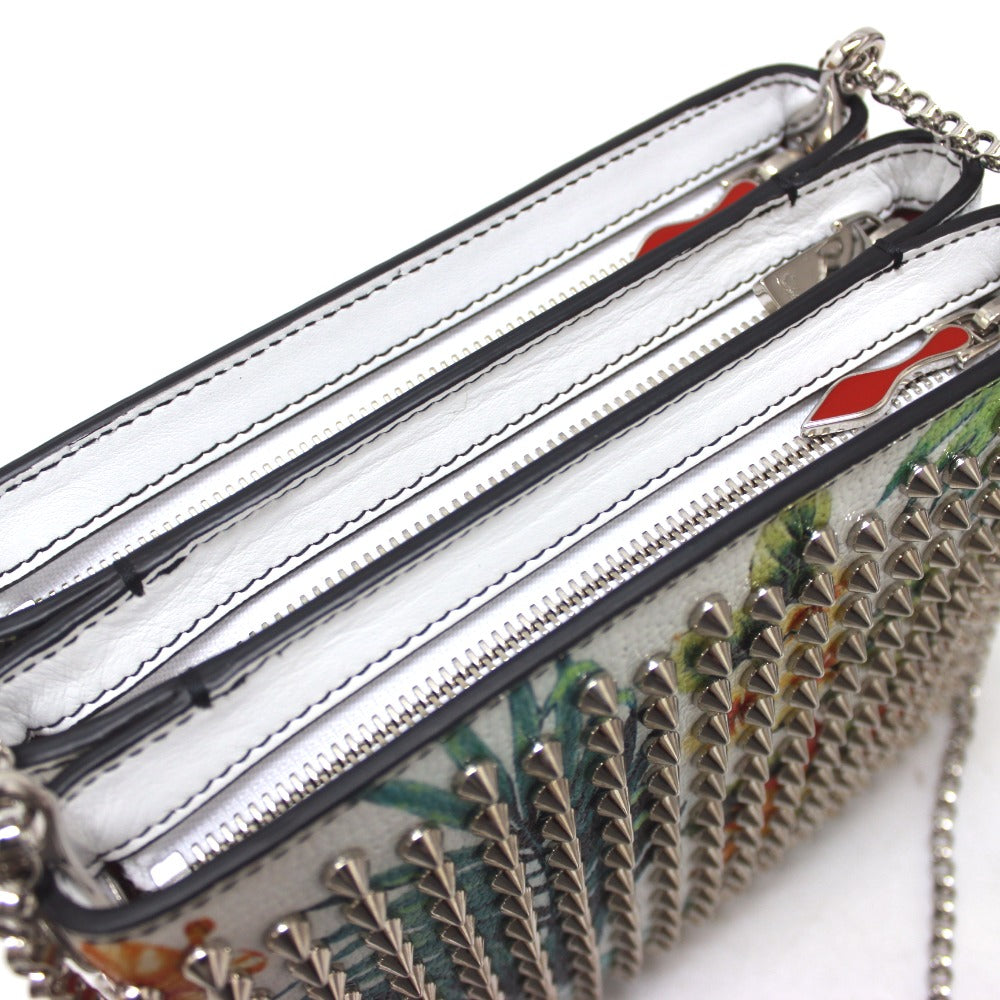 Christian Louboutin Shoulder Bag Patent calf leather white Botanical Pattern Spike studs Crossbody Women Used Authentic