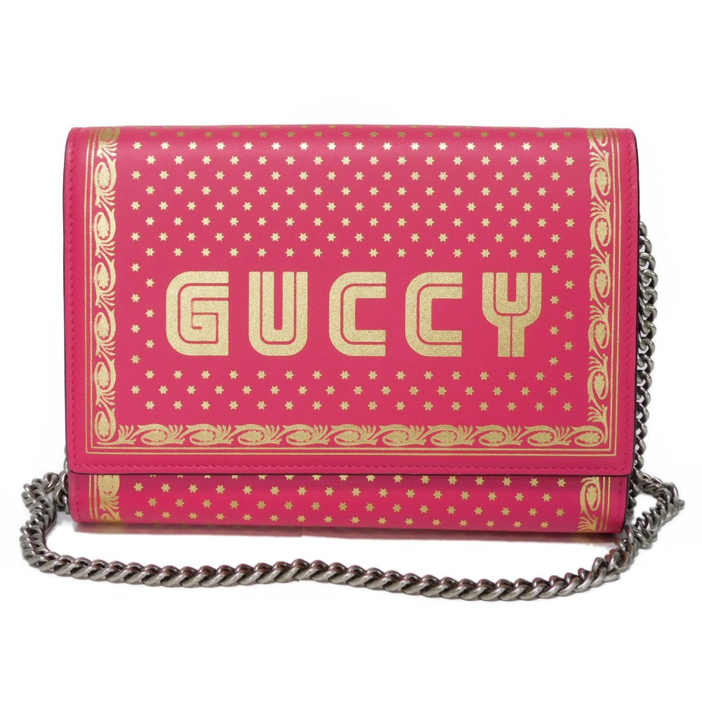 GUCCI Shoulder Bag 524967 Smooth Calfskin Leather pink Star 2WAY Clutch Bag SEGA Sega logo GUCCY Print Chain Wallet Bag Women Used Authentic