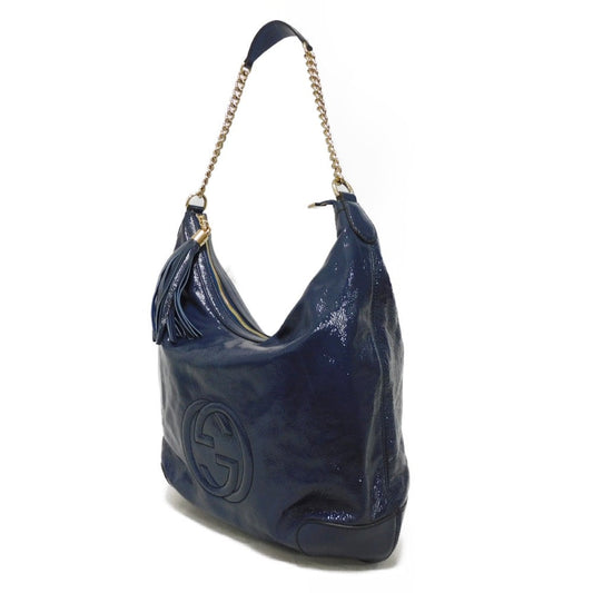GUCCI Shoulder Bag 326706 Patent leather Navy Patent Tassel ChainShoulder Interlocking G Soho Chain Bag Women Used Authentic