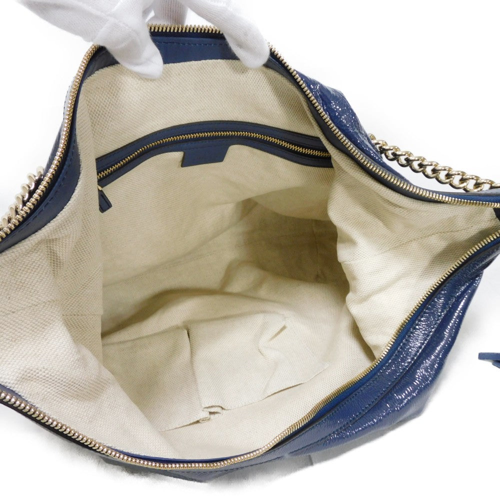 GUCCI Shoulder Bag 326706 Patent leather Navy Patent Tassel ChainShoulder Interlocking G Soho Chain Bag Women Used Authentic