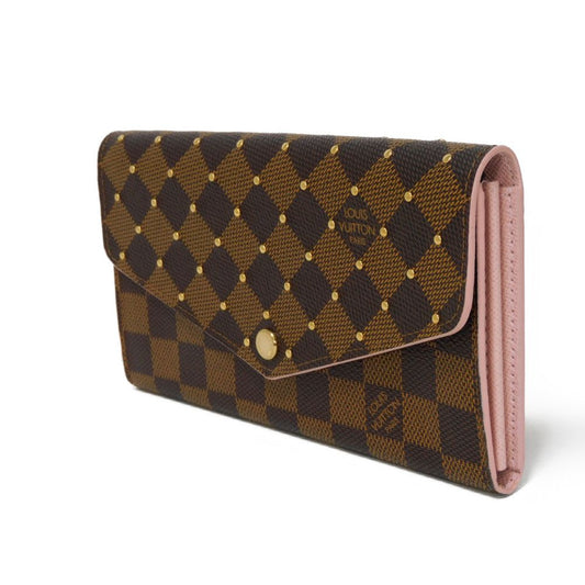 LOUIS VUITTON Long Wallet Purse N60249 Damier canvas x grain leather (embossed) Rose valerine Brown Gold Pink New Bifold Wallet Damier Studs Portefeuille Sarah Women Used Authentic
