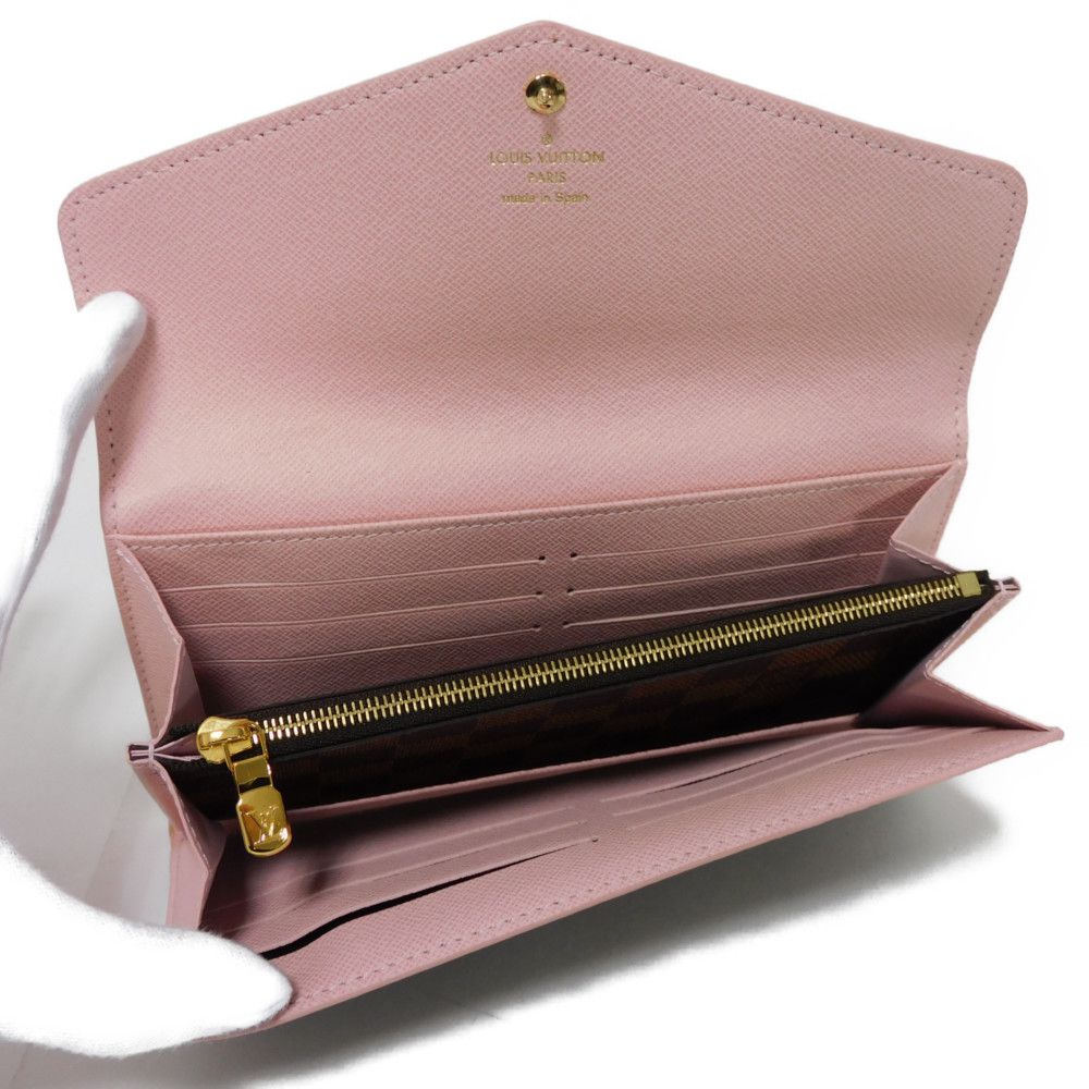 LOUIS VUITTON Long Wallet Purse N60249 Damier canvas x grain leather (embossed) Rose valerine Brown Gold Pink New Bifold Wallet Damier Studs Portefeuille Sarah Women Used Authentic