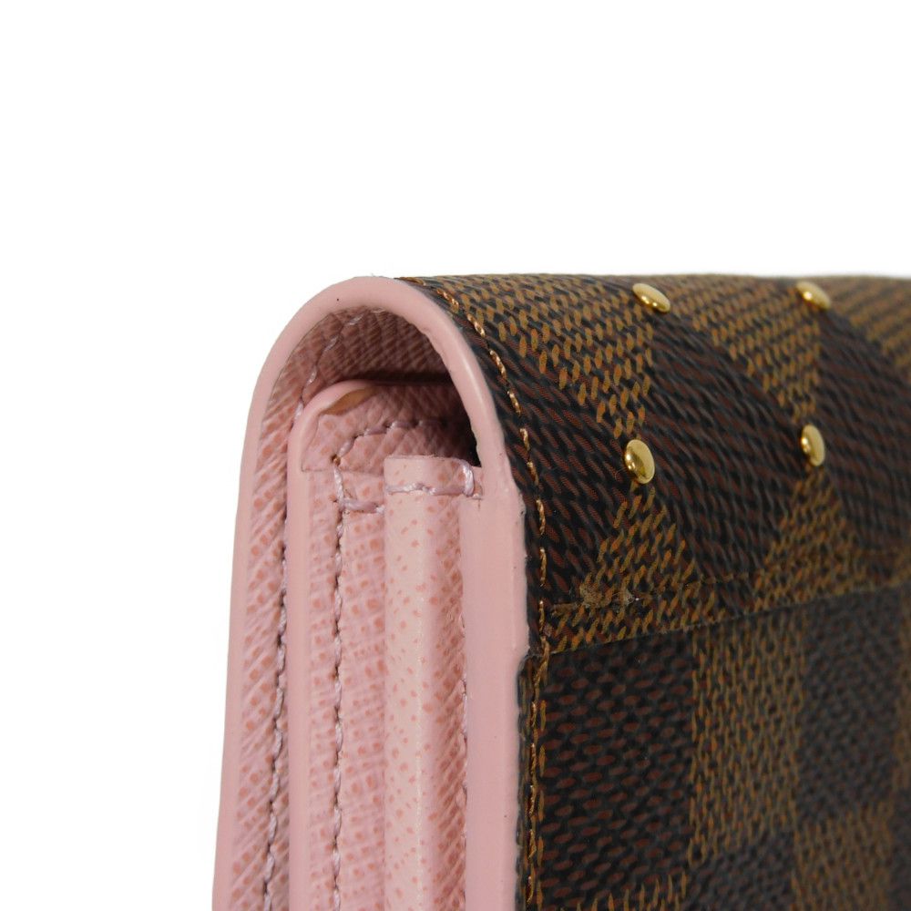 LOUIS VUITTON Long Wallet Purse N60249 Damier canvas x grain leather (embossed) Rose valerine New Brown Gold Pink Bifold Wallet Damier Studs Portefeuille Sarah Women Used Authentic