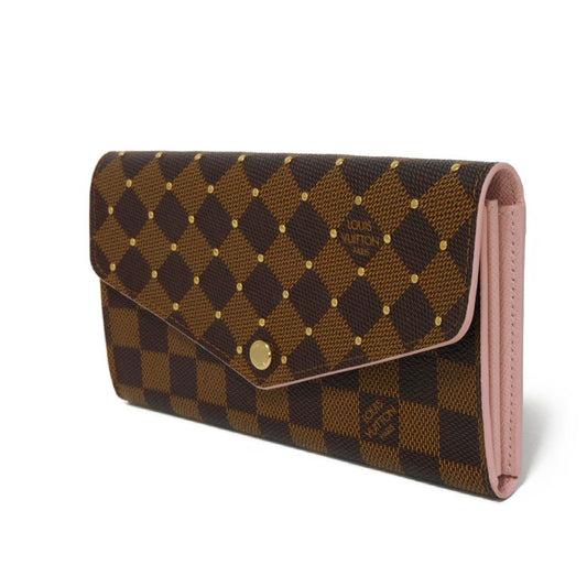 LOUIS VUITTON Long Wallet Purse N60249 Damier canvas x grain leather (embossed) Rose valerine New Brown Gold Pink Bifold Wallet Damier Studs Portefeuille Sarah Women Used Authentic