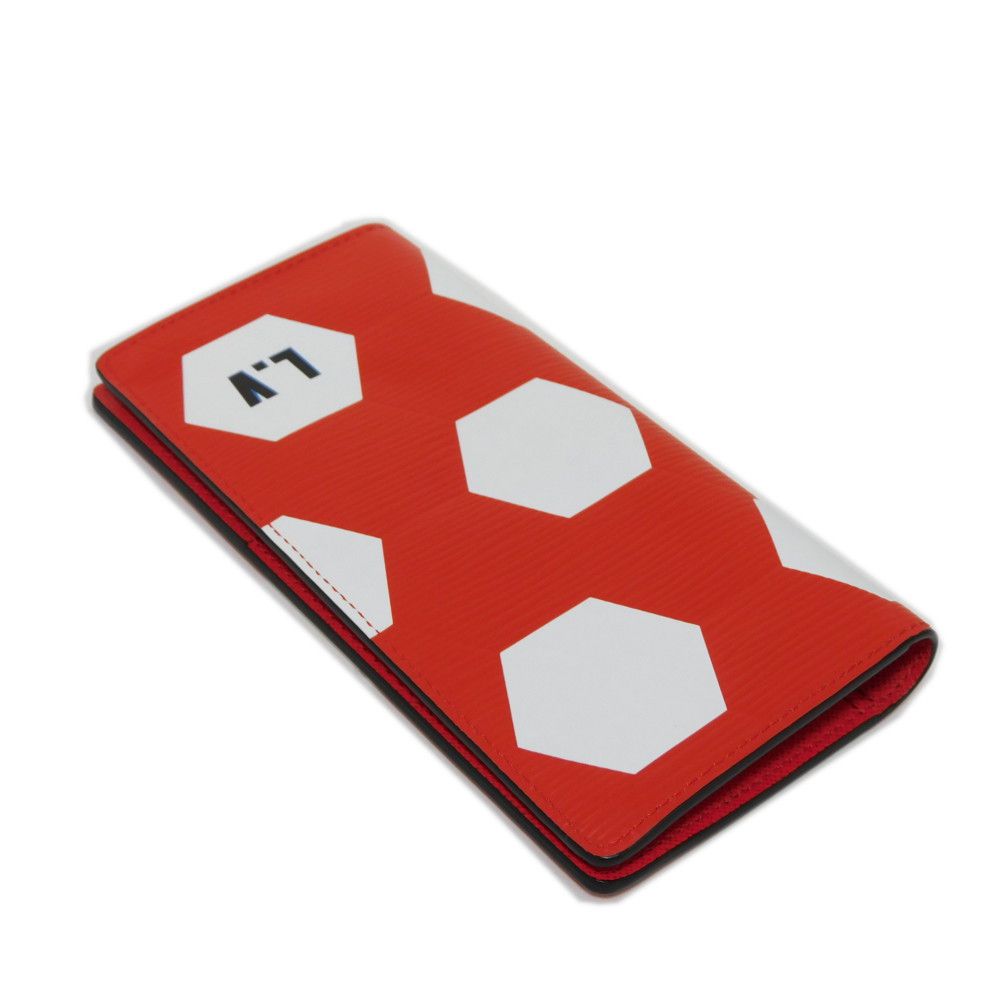 LOUIS VUITTON Long Wallet Purse M63230 Epi Leather x grain leather Rouge LV Logo FIFA World Cup Soccer Red New Bifold Wallet Epi Portefeuille Braza mens Used Authentic