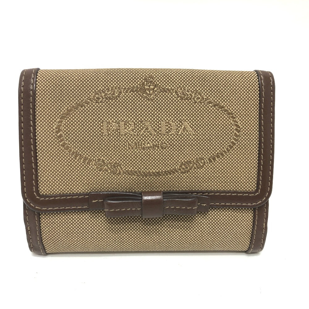 PRADA Trifold wallet 1MH523 Jacquard Brown ribbon logo Women Used Authentic