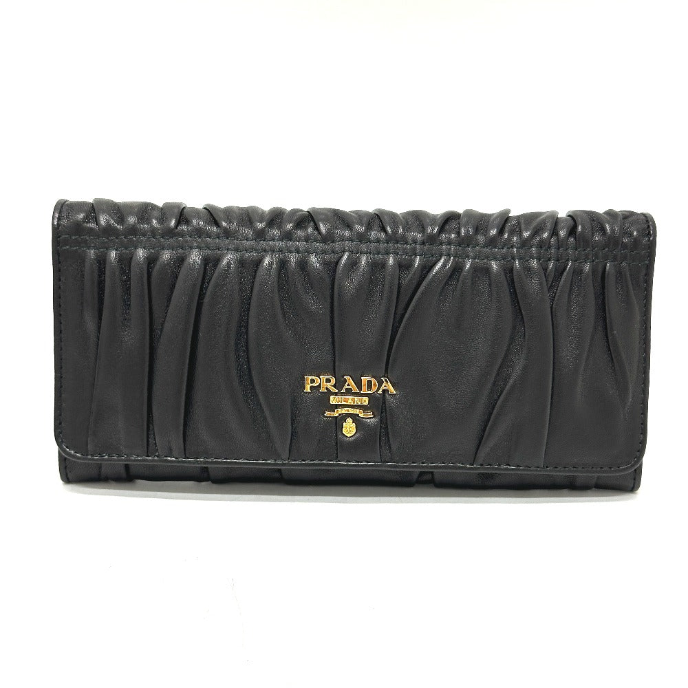 PRADA Long Wallet Purse 1M1132 leather black logo Gathered Women Used Authentic