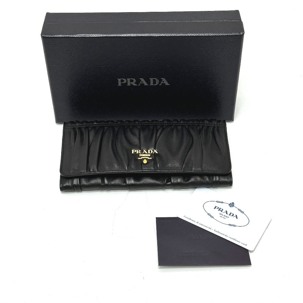 PRADA Long Wallet Purse 1M1132 leather black logo Gathered Women Used Authentic