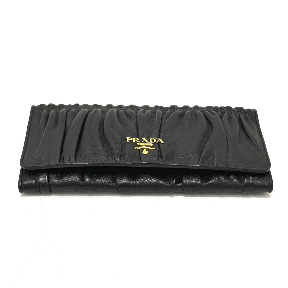 PRADA Long Wallet Purse 1M1132 leather black logo Gathered Women Used Authentic