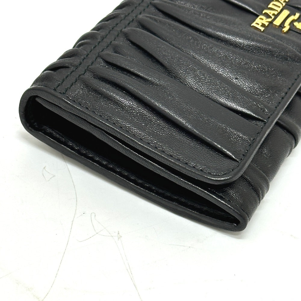 PRADA Long Wallet Purse 1M1132 leather black logo Gathered Women Used Authentic